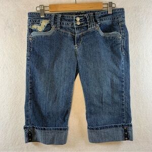 Rewind Y2K 90sWomens Long Jean Shorts Sz 9 Juniors Hippy Angel Wings‎ Patch Cuff